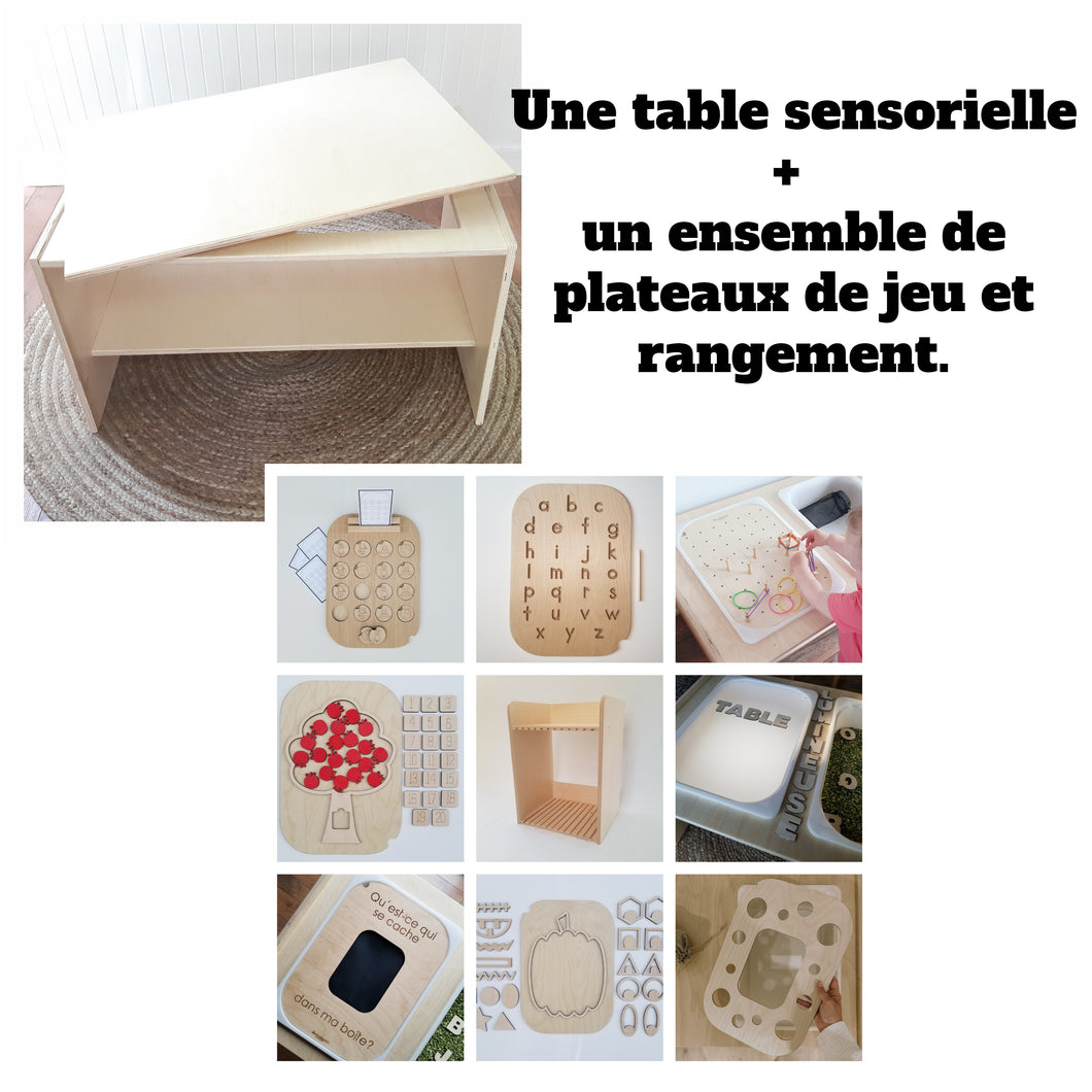 Ensemble : Table sensorielle + rangement et plateaux de jeu